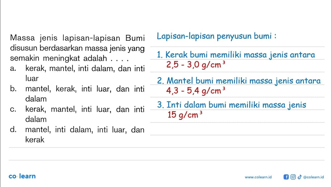 Massa jenis lapisan-lapisan Bumi disusun berdasarkan massa