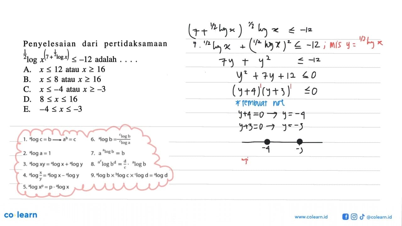 Penyelesaian dari pertidaksamaan 1/2log x^(7+ 1/2log x)