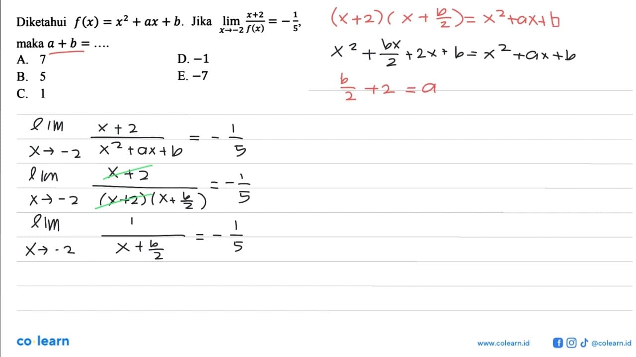 Diketahui f(x)=x^2+a x+b . Jika lim x ->-2 (x+2)/f(x)=-1/5