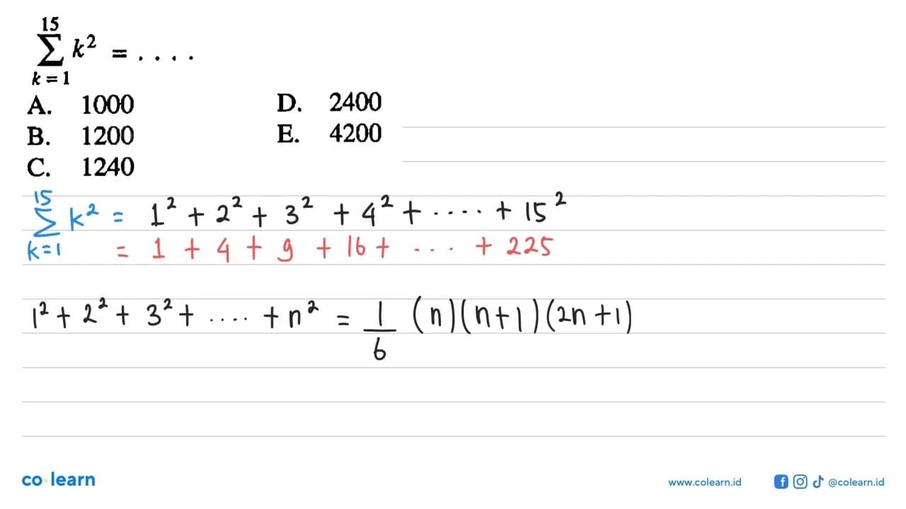 sigma k=1 15 k^2=...