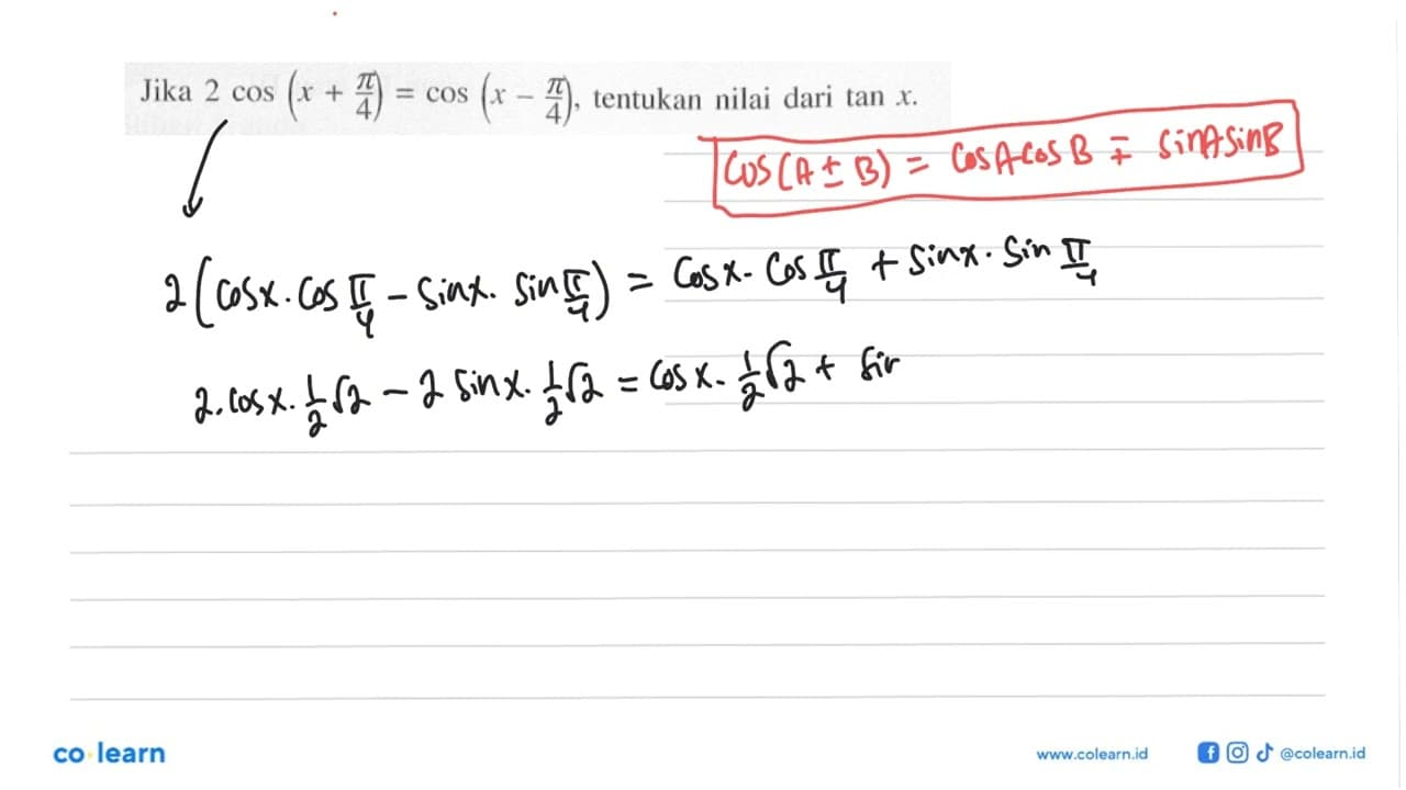 Jika 2 cos (x+pi/4)=cos (x-pi/4), tentukan nilai dari tan