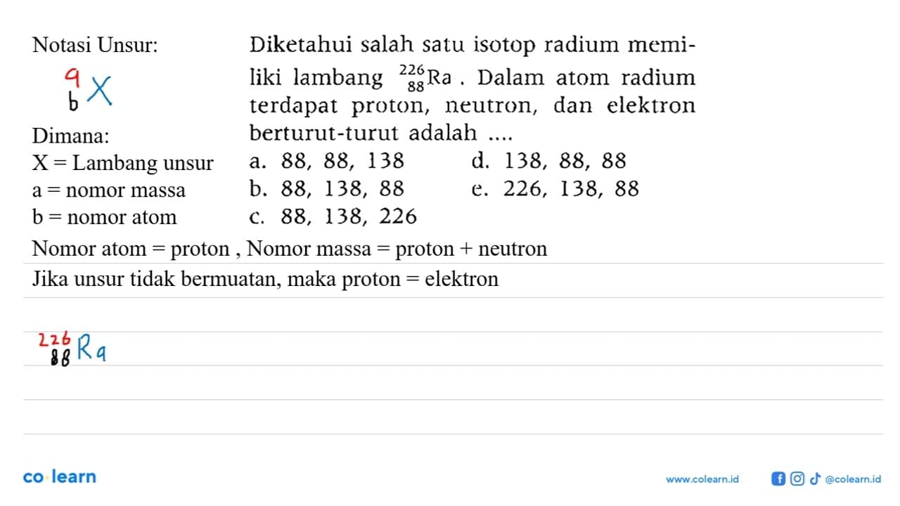 Diketahui salah satu isotop radium memiliki lambang 226 88