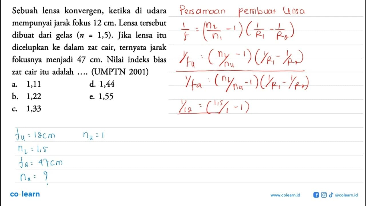 Sebuah lensa konvergen, ketika di udara mempunyai jarak