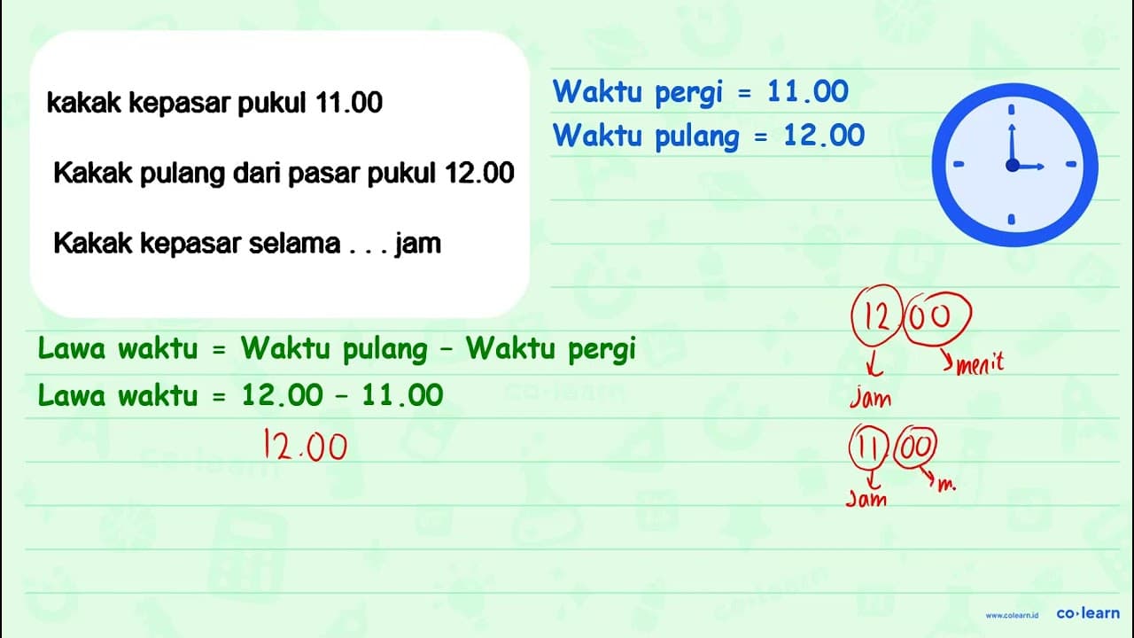 kakak kepasar pukul 11.00 Kakak pulang dari pasar pukul