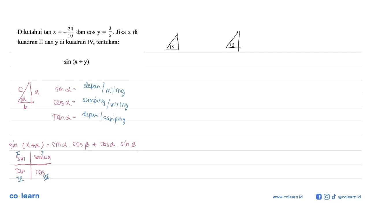 Diketahui tan x=-24/10 dan cos y=3/5. Jika x di kuadran II
