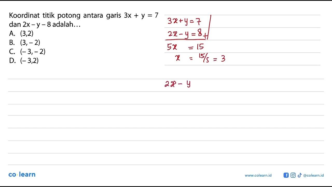 Koordinat titik potong antara garis 3x + y = 7 dan 2x - y -