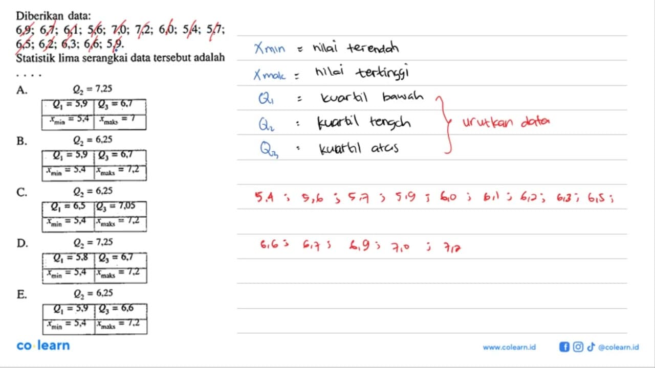 Diberikan data: 6,9; 6,7; 6,1; 5,6; 7,0; 7,2; 6,0; 5,4;