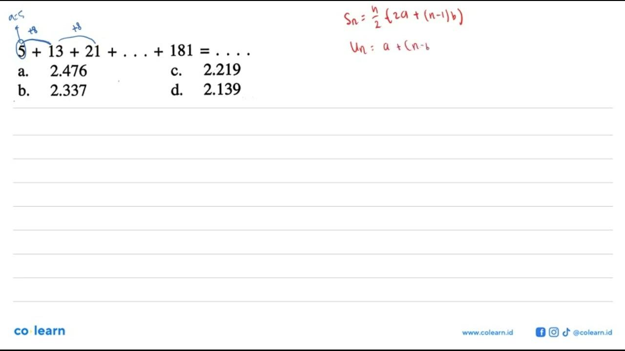 5 + 13 + 21 + . . . + 181 = . . . .