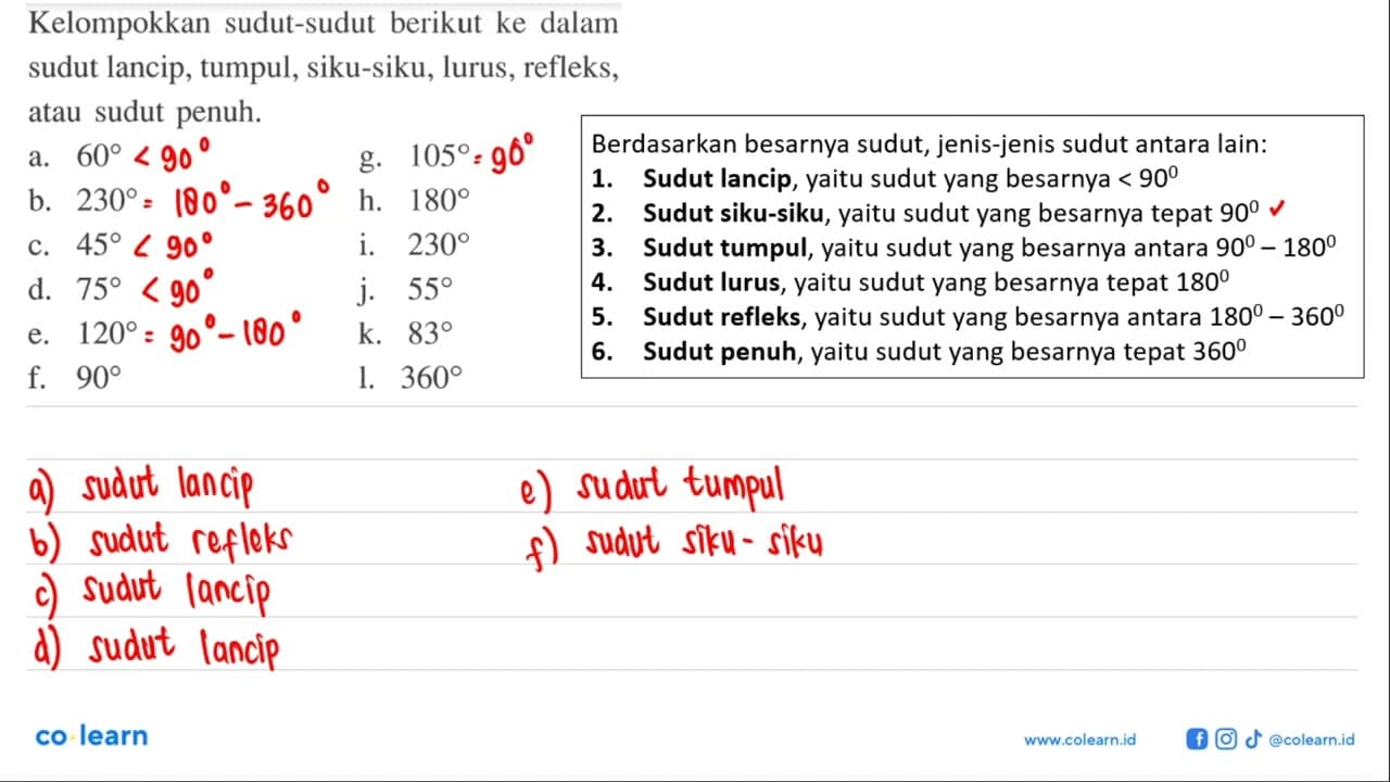 Kelompokkan sudut-sudut berikut ke dalam sudut lancip,