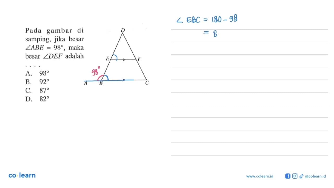 Pada gambar di samping, jika besar sudut ABE=98 , maka