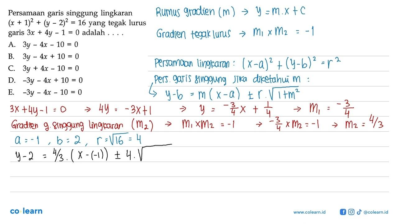 Persamaan garis singgung lingkaran (x+1)^2+(y-2)^2=16 yang