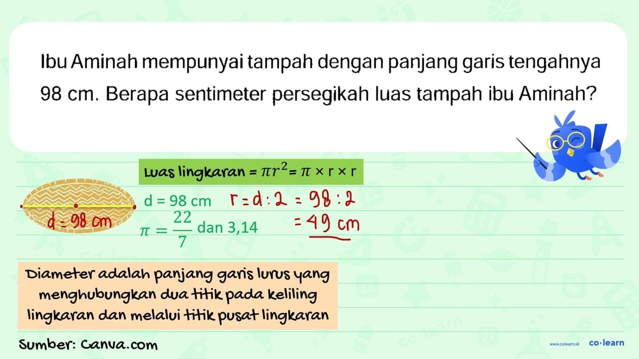 Ibu Aminah mempunyai tampah dengan panjang garis tengahnya