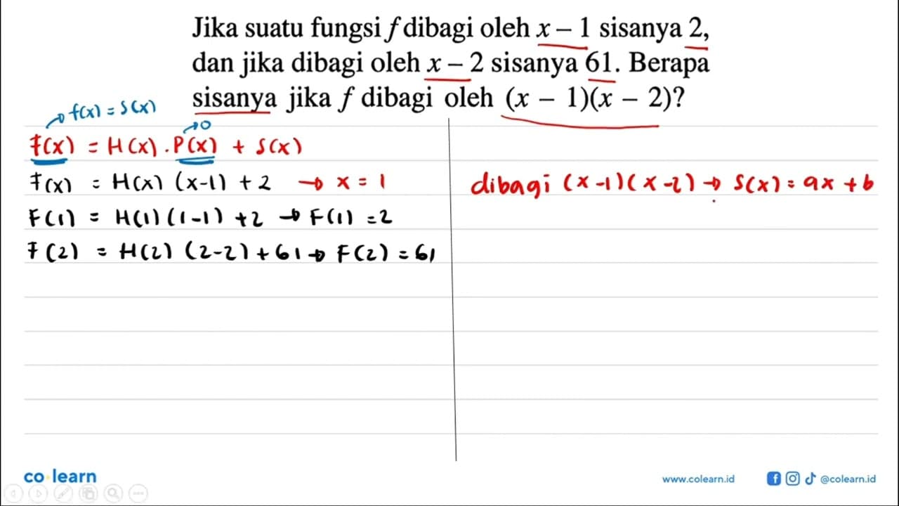 Jika suatu fungsi f dibagi oleh x-1 sisanya 2, dan jika