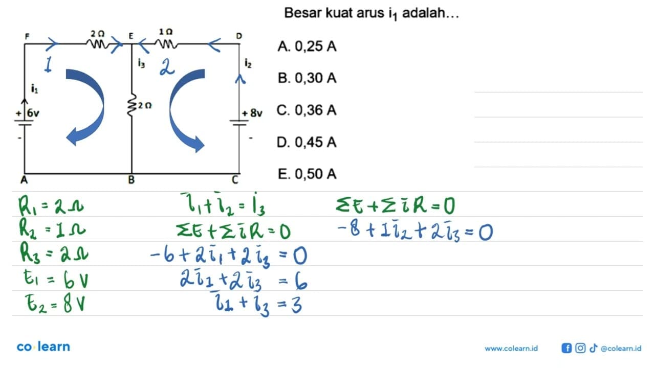 Besar kuat arus i1 adalah... i1 6v 2 ohm i3 2 ohm 1 ohm i2