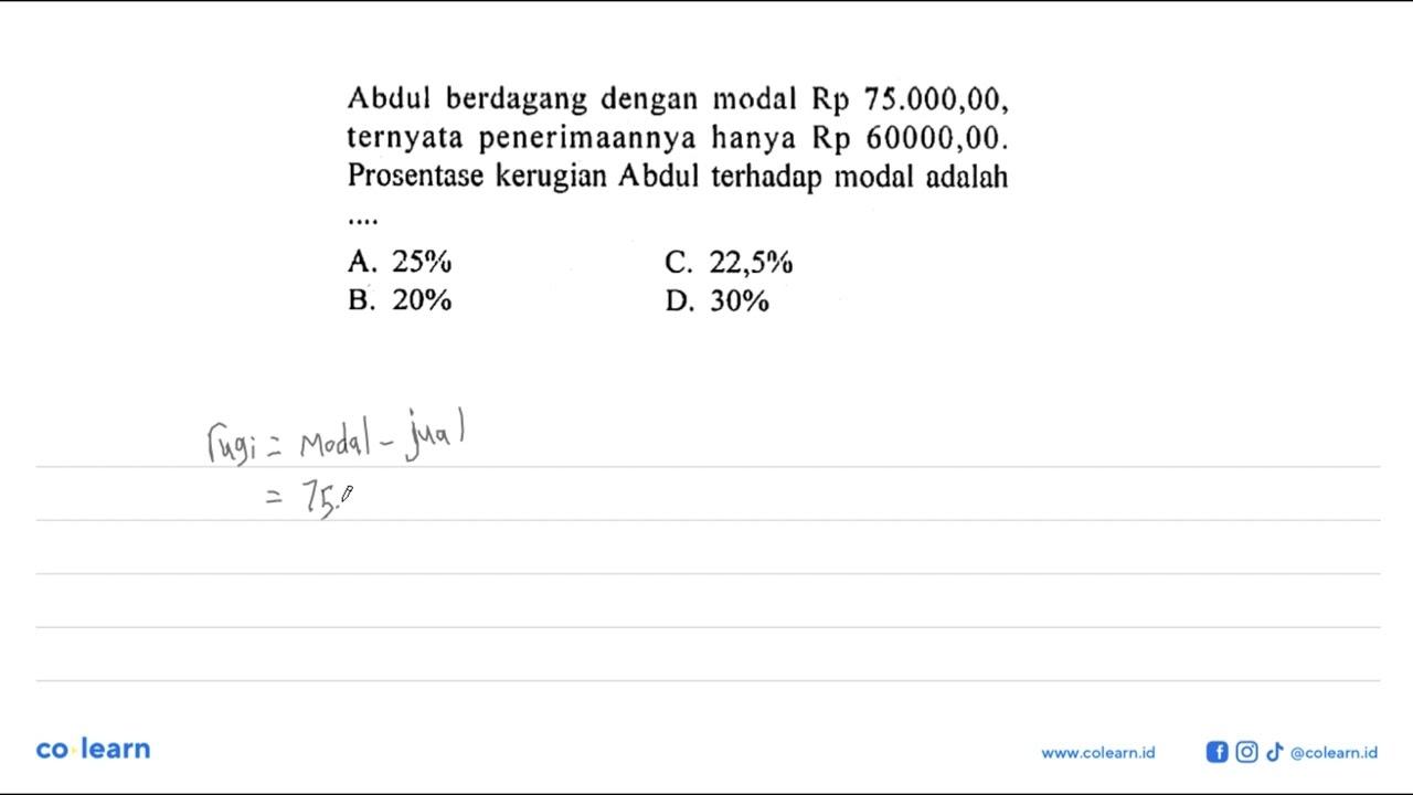 Abdul berdagang dengan modal Rp 75.000,00, ternyata