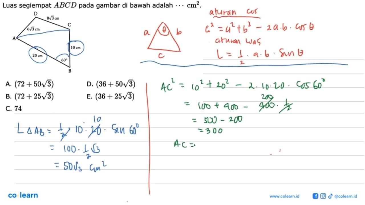 Luas segiempat ABCD pada gambar di bawah adalah...cm^2.