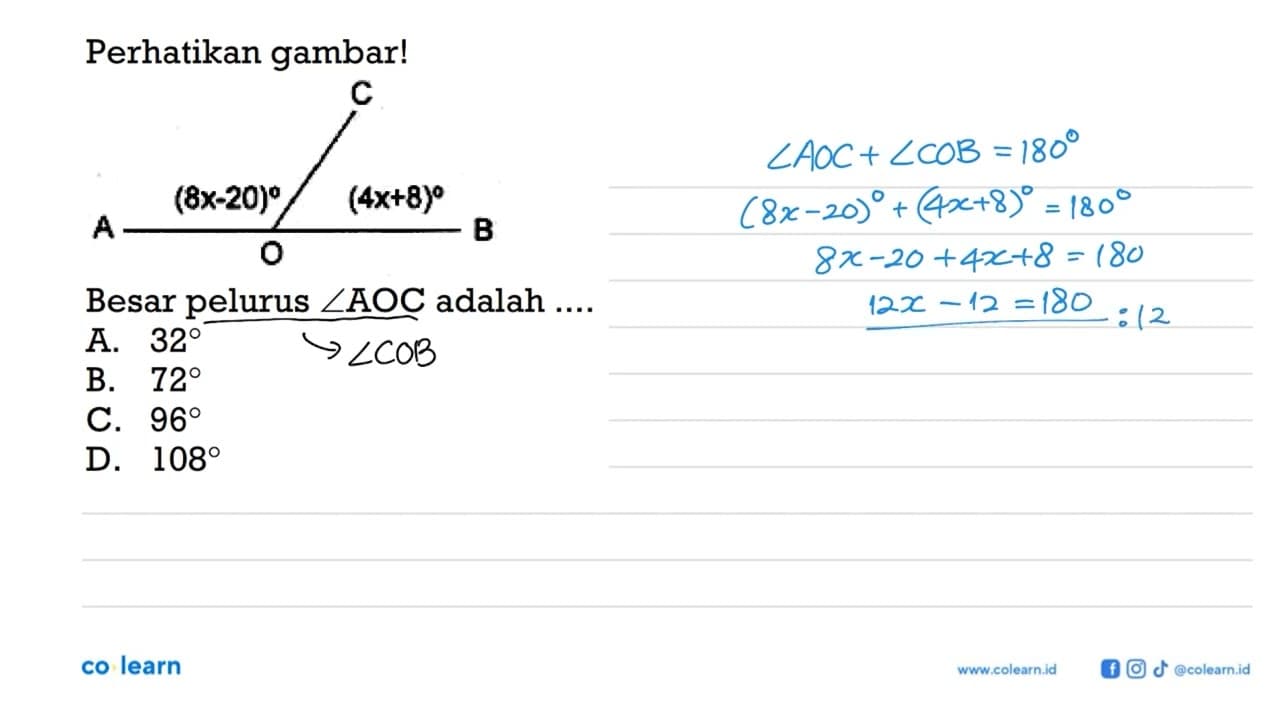 Perhatikan gambar!Besar pelurus sudut AOC adalah ....A. 32