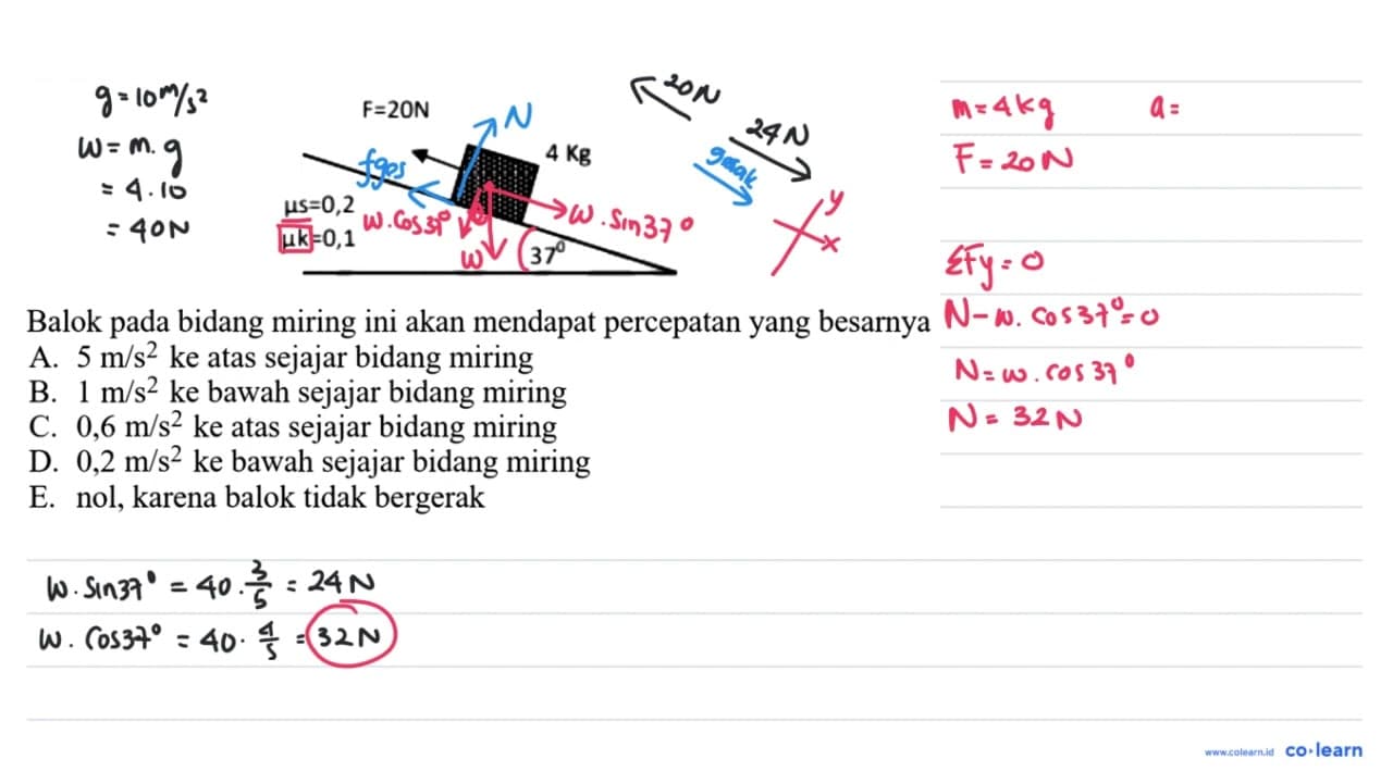 Balok pada bidang miring ini akan mendapat percepatan yang