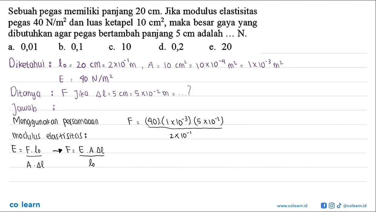 Sebuah pegas memiliki panjang 20 cm. Jika modulus