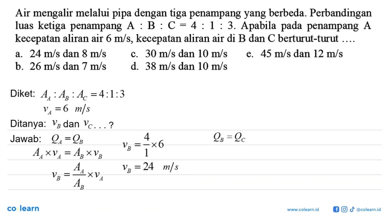 Air mengalir melalui pipa dengan tiga penampang yang