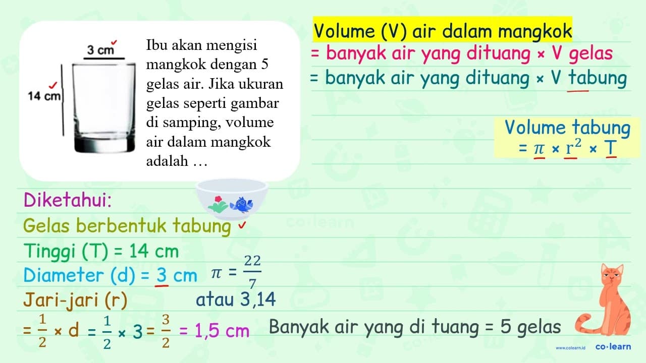 Ibu akan mengisi mangkok dengan 5 gelas air. Jika ukuran