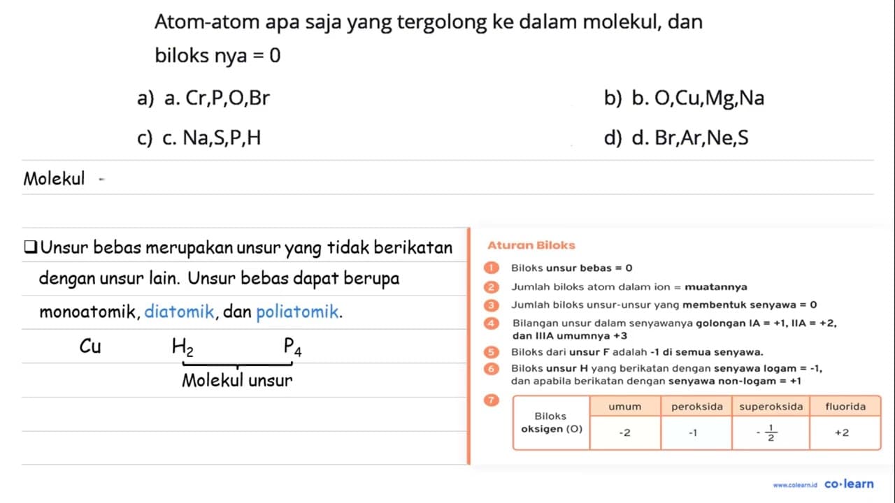 Atom-atom apa saja yang tergolong ke dalam molekul, dan