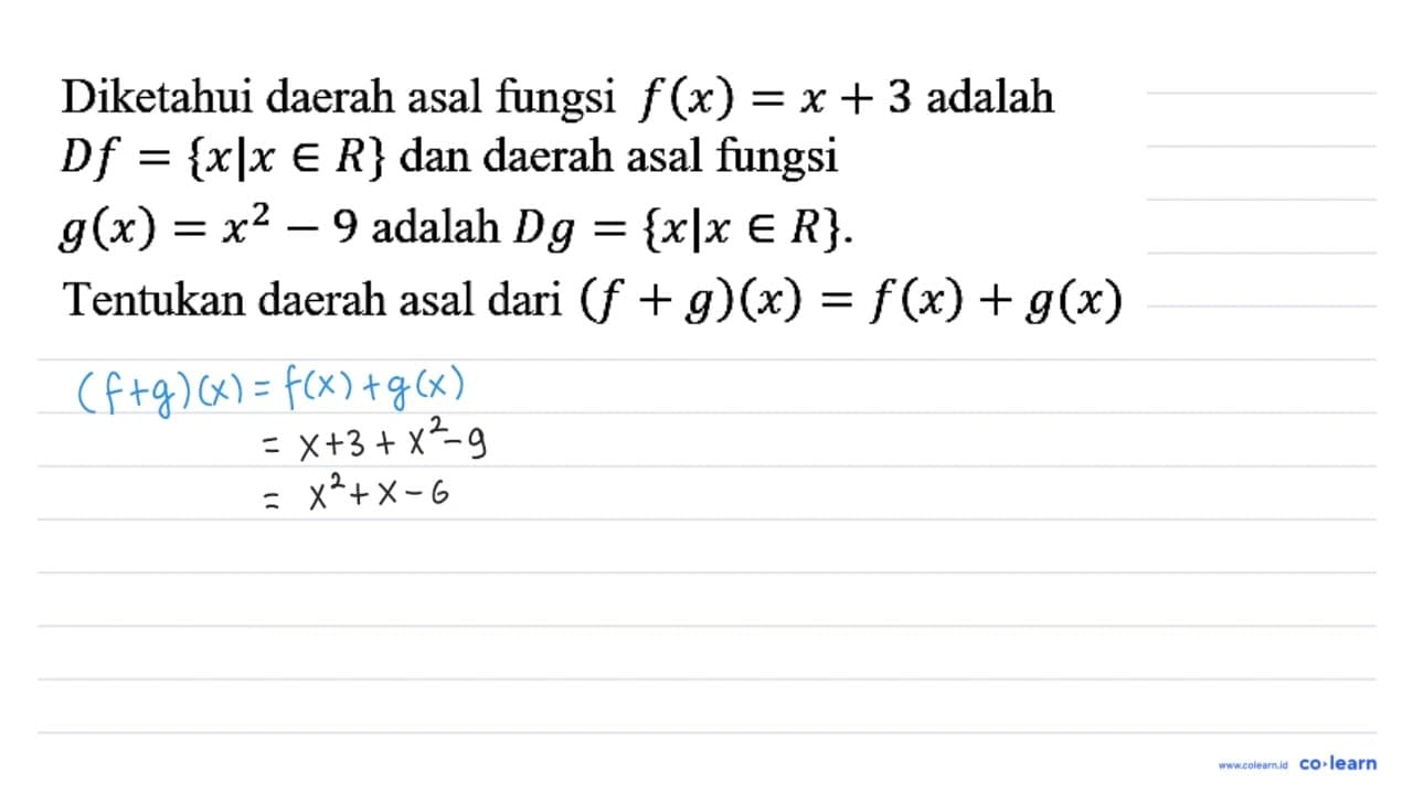 Diketahui asal fungsi f(x) = x + 3 adalah Df = {x | x e R}