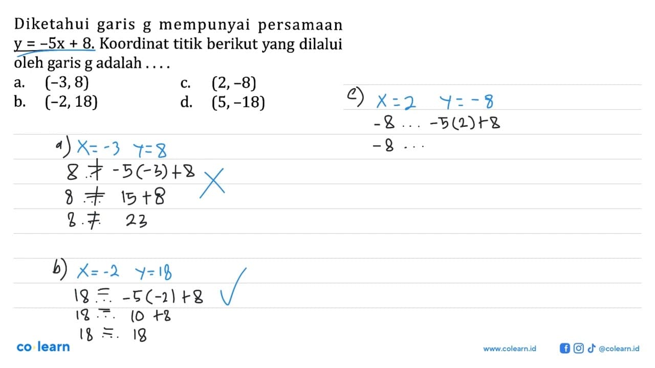 Diketahui garis g mempunyai persamaan y=-5x+8. Koordinat