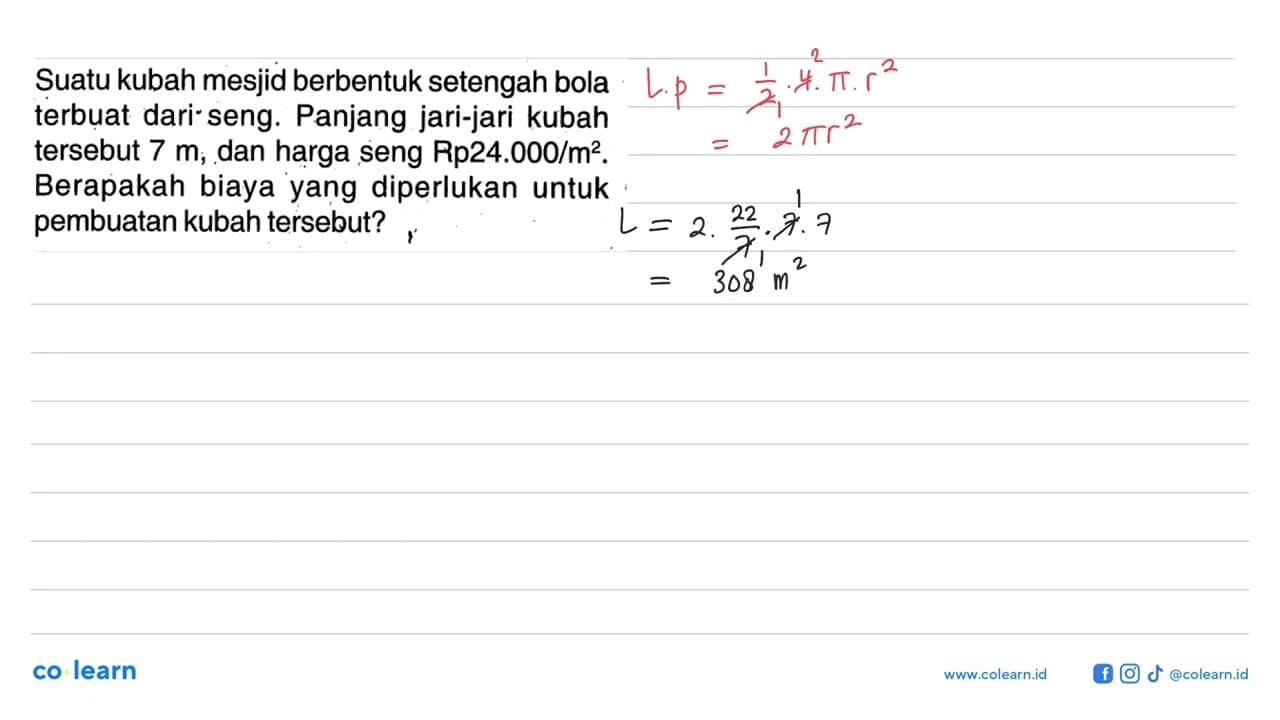 Suatu kubah mesjid berbentuk setengah bola terbuat dari