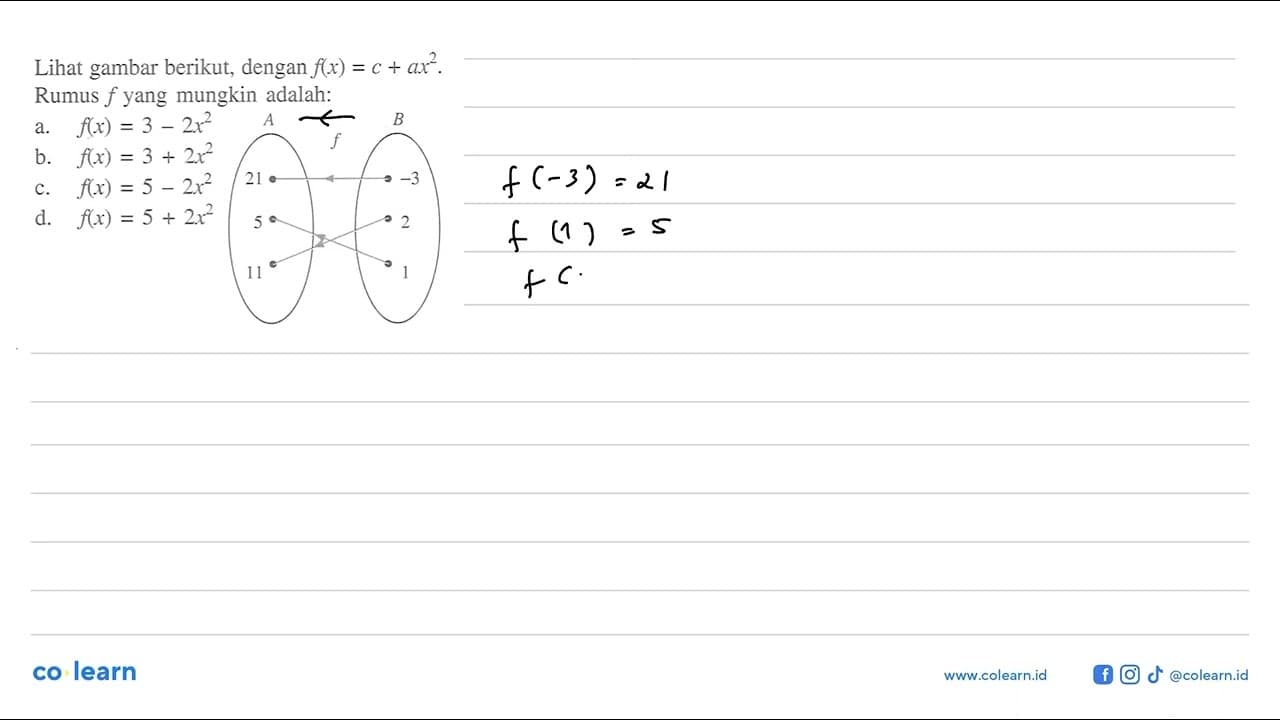 Lihat gambar berikut, dengan f(x) = c + ax^2. Rumus f yang