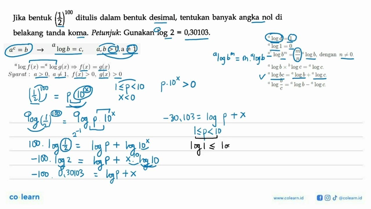 Jika bentuk (1/2)^100 ditulis dalam bentuk desimal,