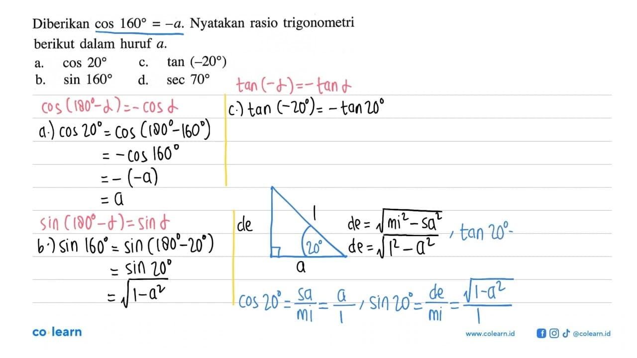 Diberikan cos 160=-a. Nyatakan rasio trigonometri berikut