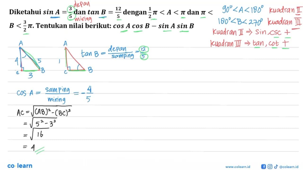 Diketahui sin A=3/5 dan tan B=12/5 4 12 dengan 1/2 pi<A<pi