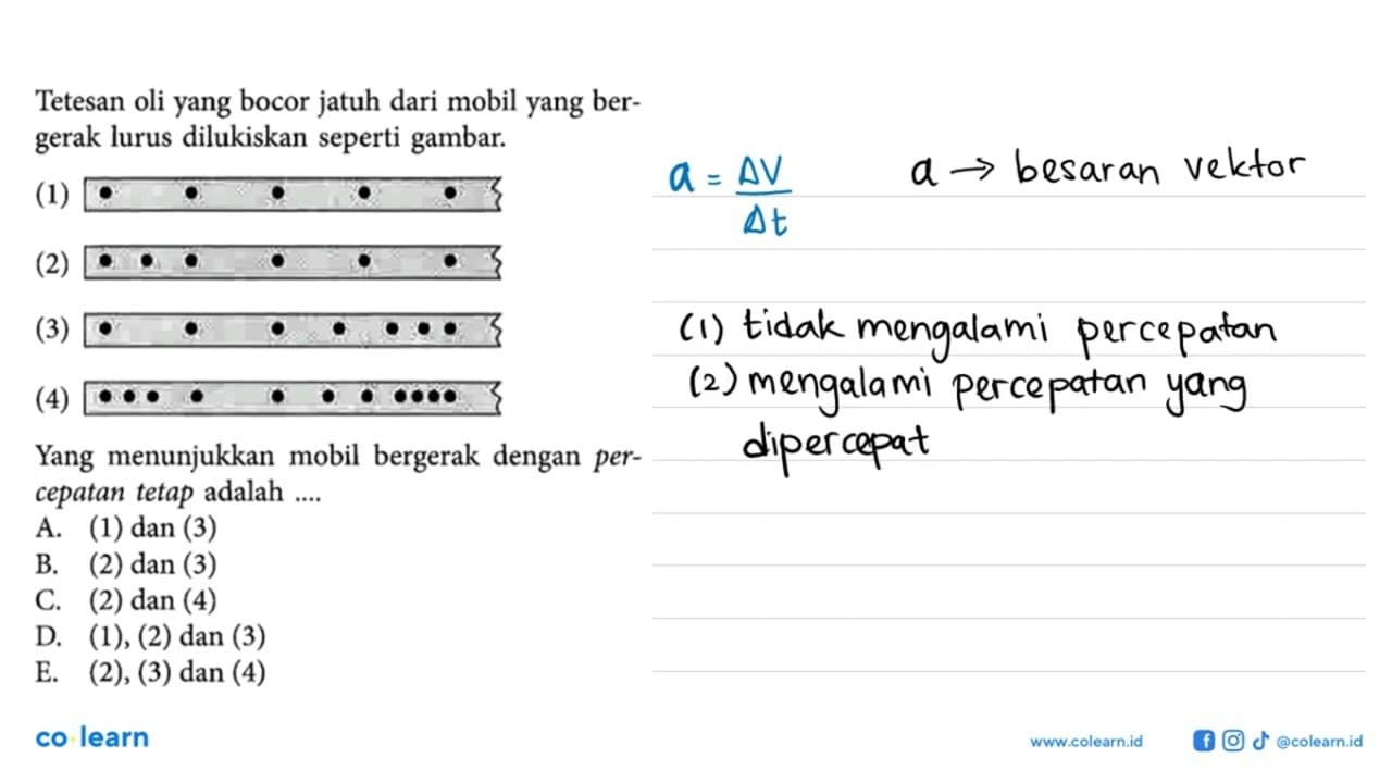 Tetesan oli yang bocor jatuh dari mobil yang bergerak lurus