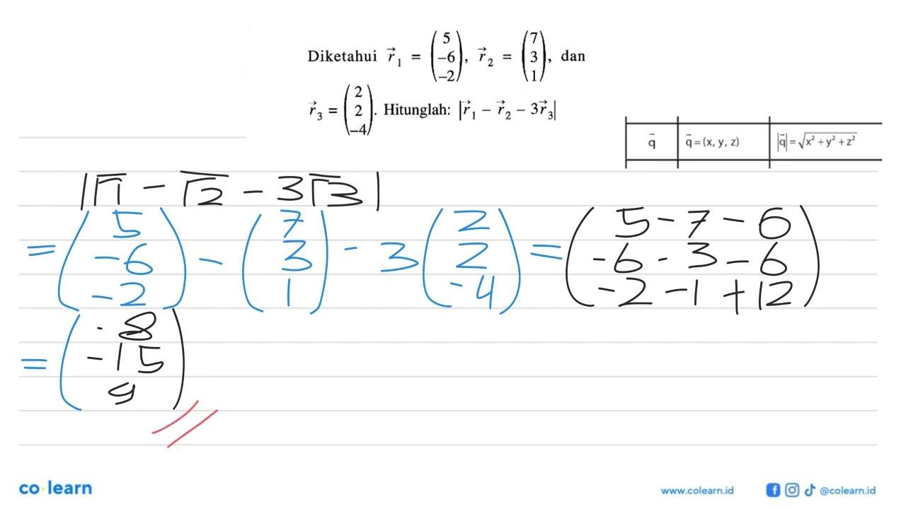 Diketahui vektor r1=(5 -6 -2), vektor r2=(7 3 1) , dan