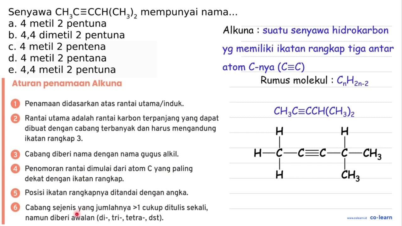 Senyawa CH_(3) C=CCH(CH_(3))_(2) mempunyai nama... a. 4