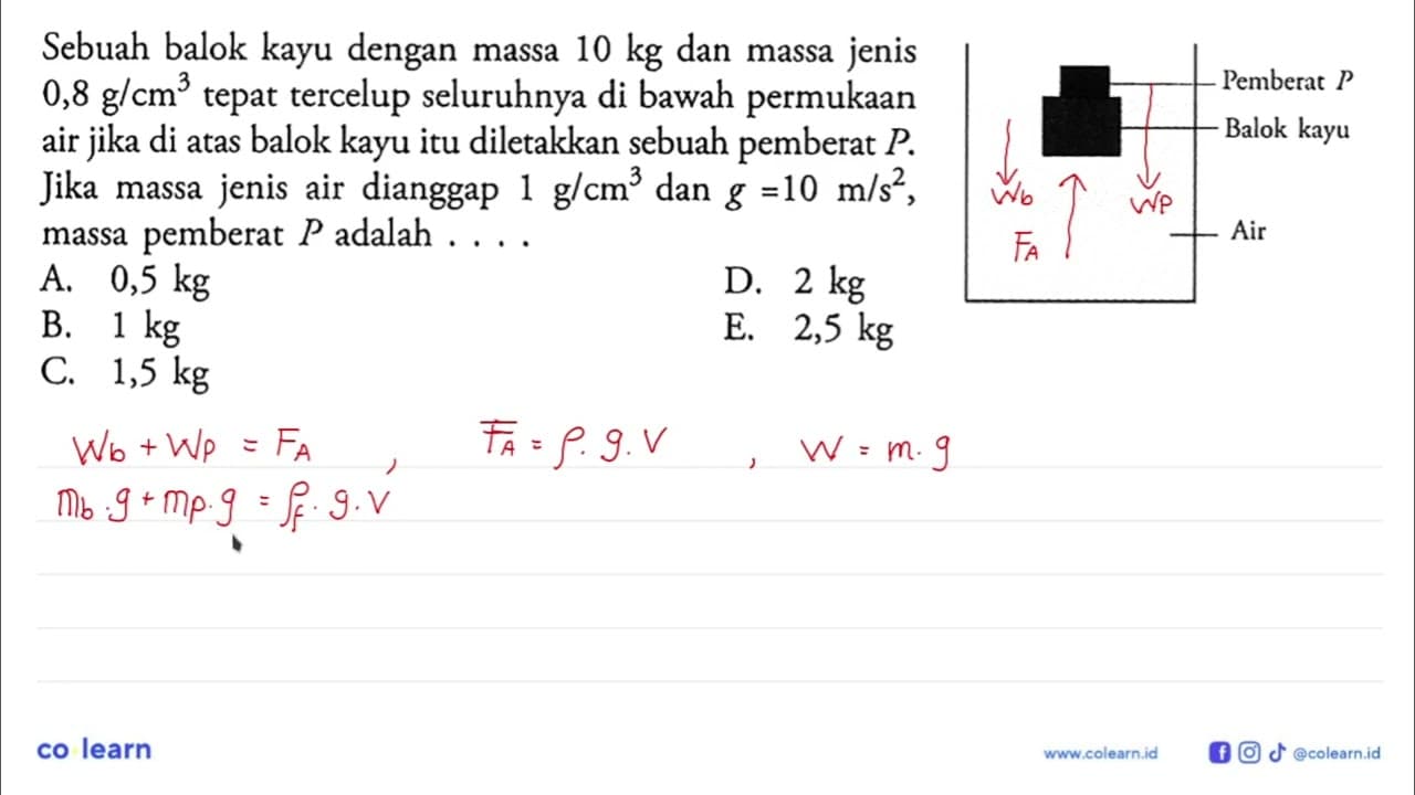 Sebuah balok kayu dengan massa 10 kg dan massa jenis 0,8