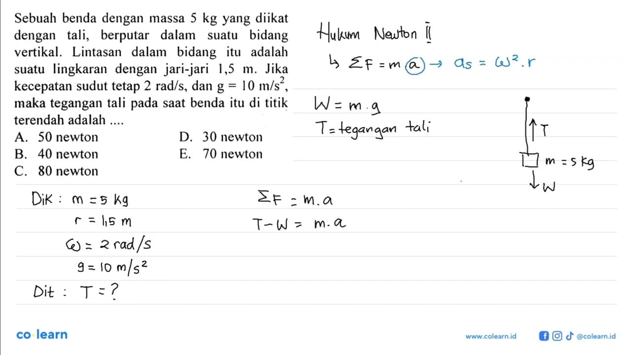 Sebuah benda dengan massa 5 kg yang diikat dengan tali,