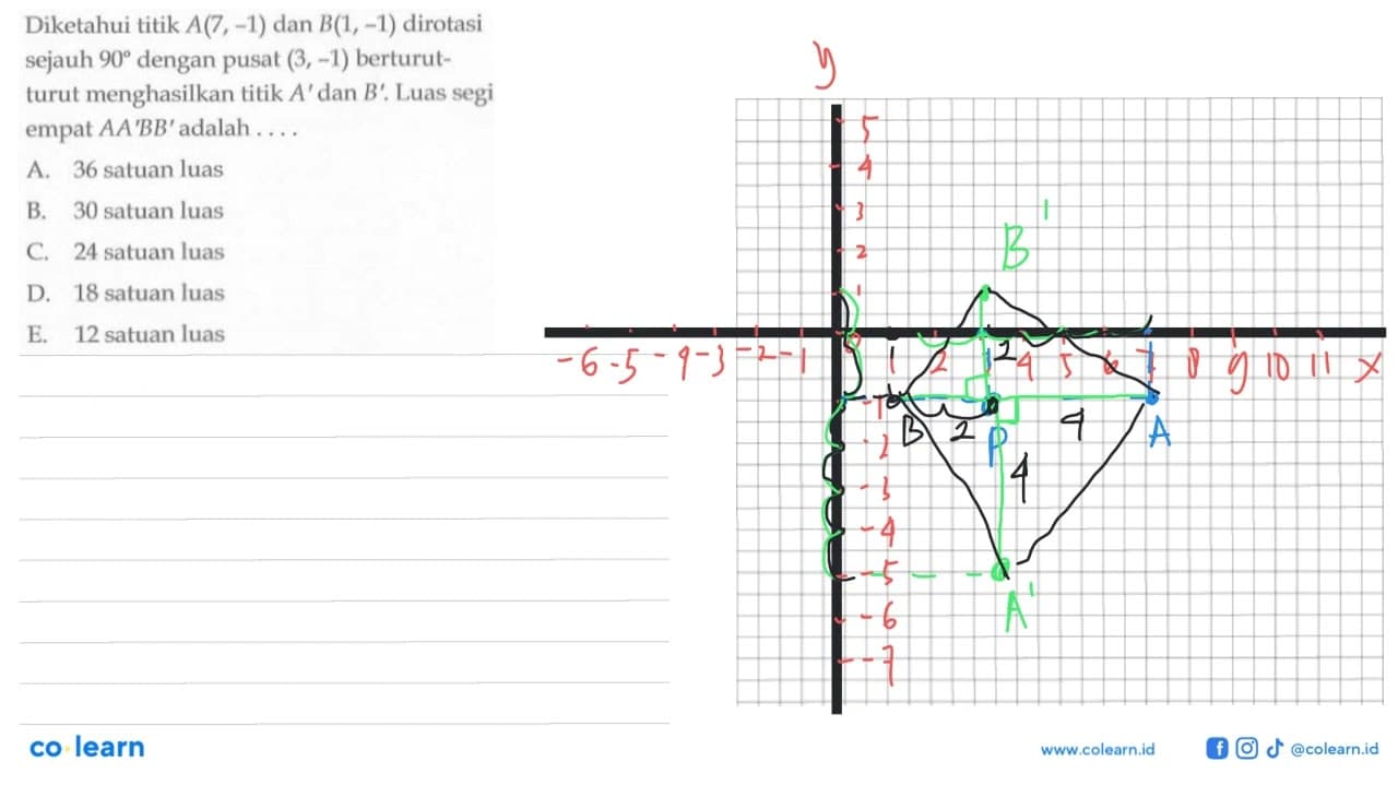 Diketahui titik A(7,-1) dan B(1,-1) dirotasi sejauh 90