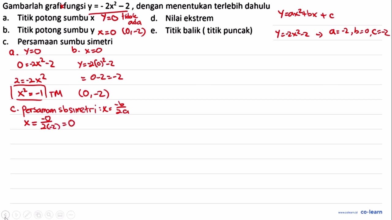 Gambarlah grafi fungsi y=-2 x^(2)-2 , dengan menentukan