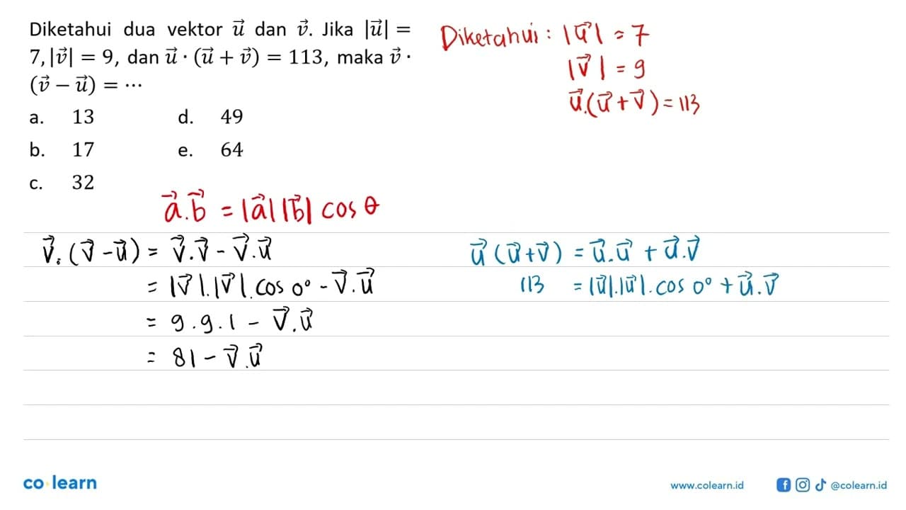 Diketahui dua vektor u dan v . Jika |u|=7, |v|=9, dan