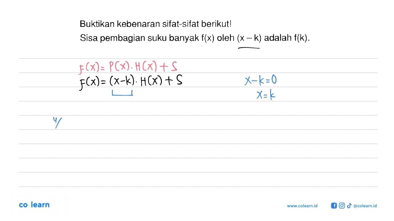 Buktikan kebenaran sifat-sifat berikut! Sisa pembagian suku