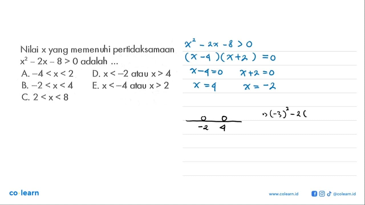 Nilai x yeng memenuhi pertidaksamaan x^2-2x-8>0 adalah ....