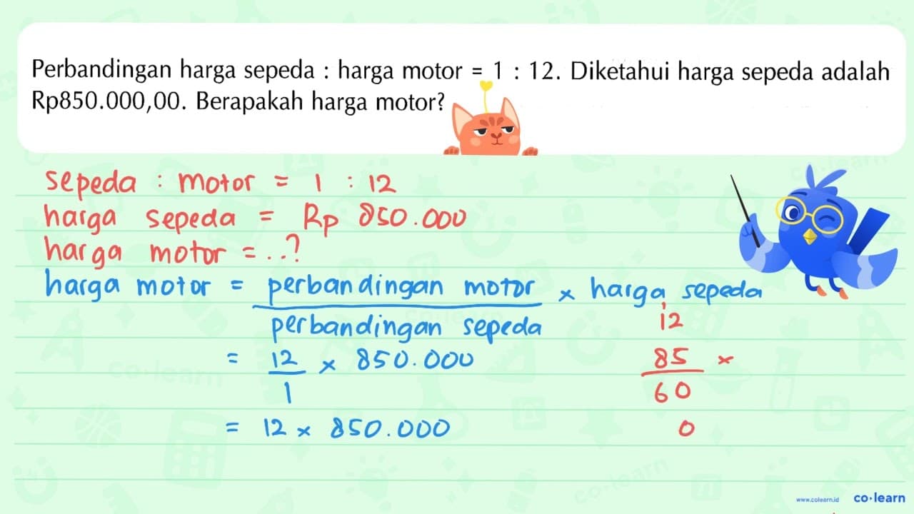 Perbandingan harga sepeda : harga motor 1 : 12, Diketahui