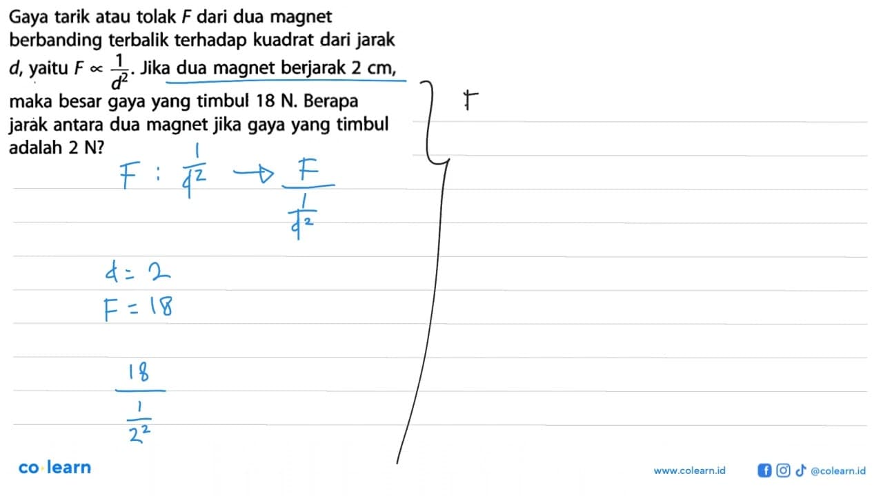 Gaya tarik atau tolak F dari dua magnet berbanding terbalik