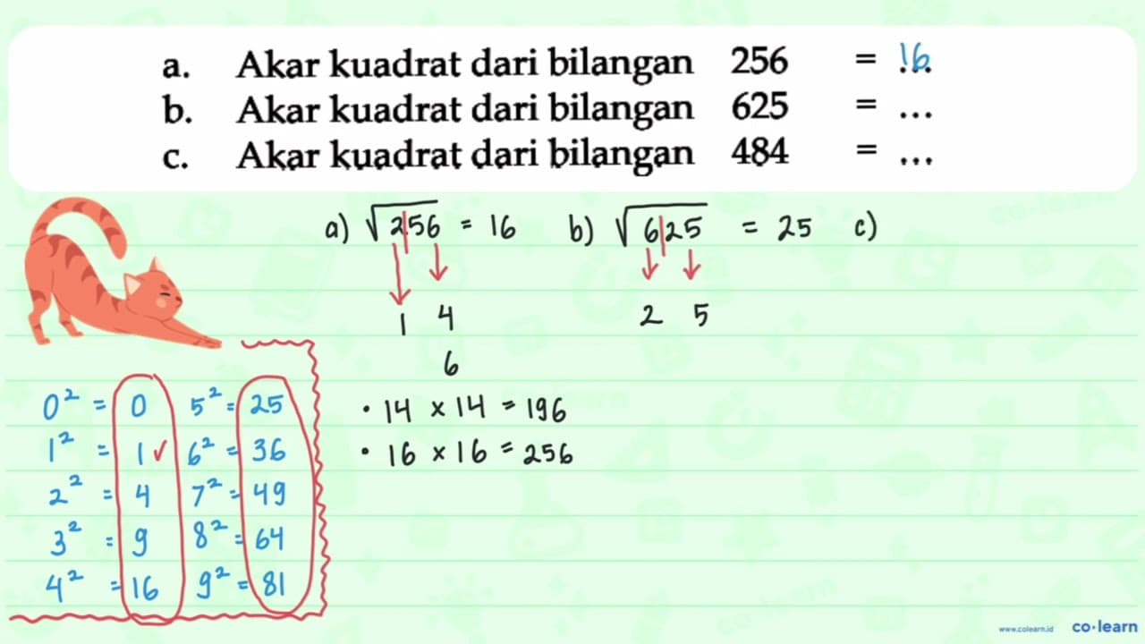 a. Akar kuadrat dari bilangan 256 = ... b. Akar kuadrat