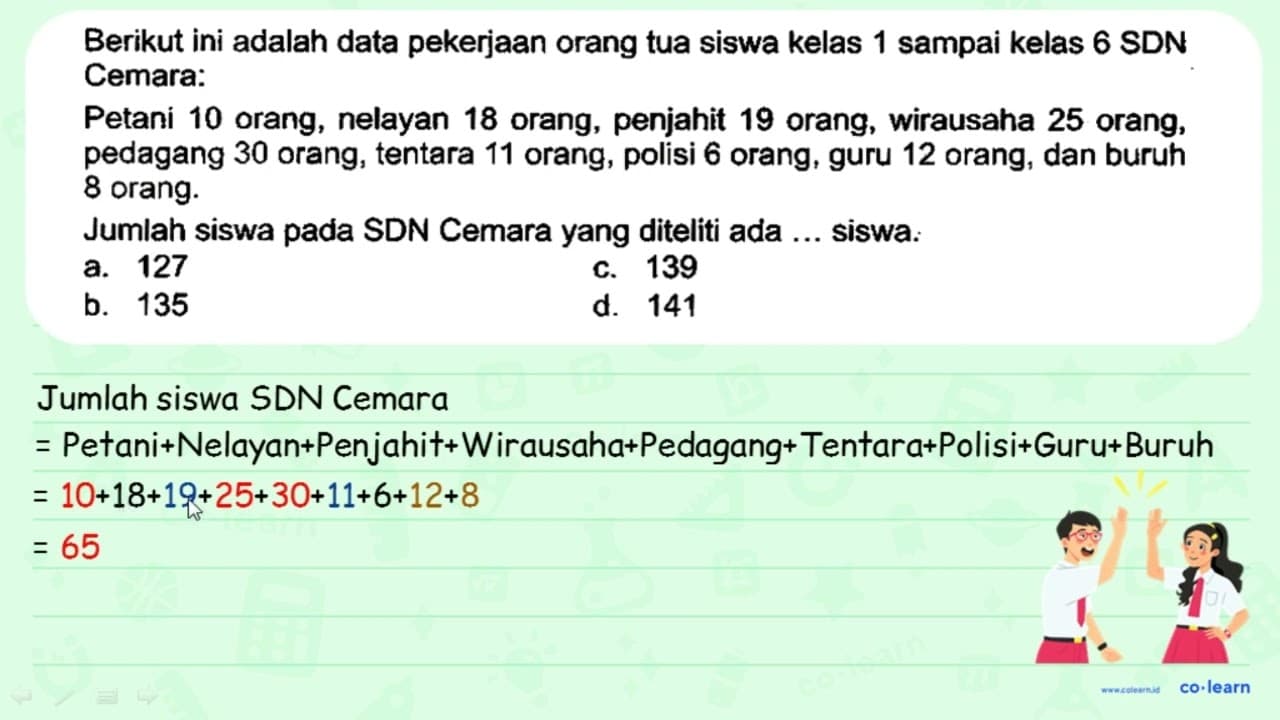 Berikut ini adalah data pekerjaan orang tua siswa kelas 1