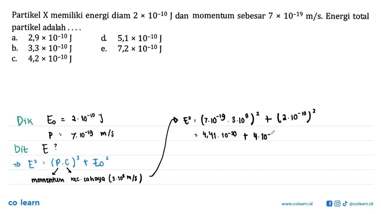 Partikel X memiliki energi diam 2 x 10^(-10) J dan momentum