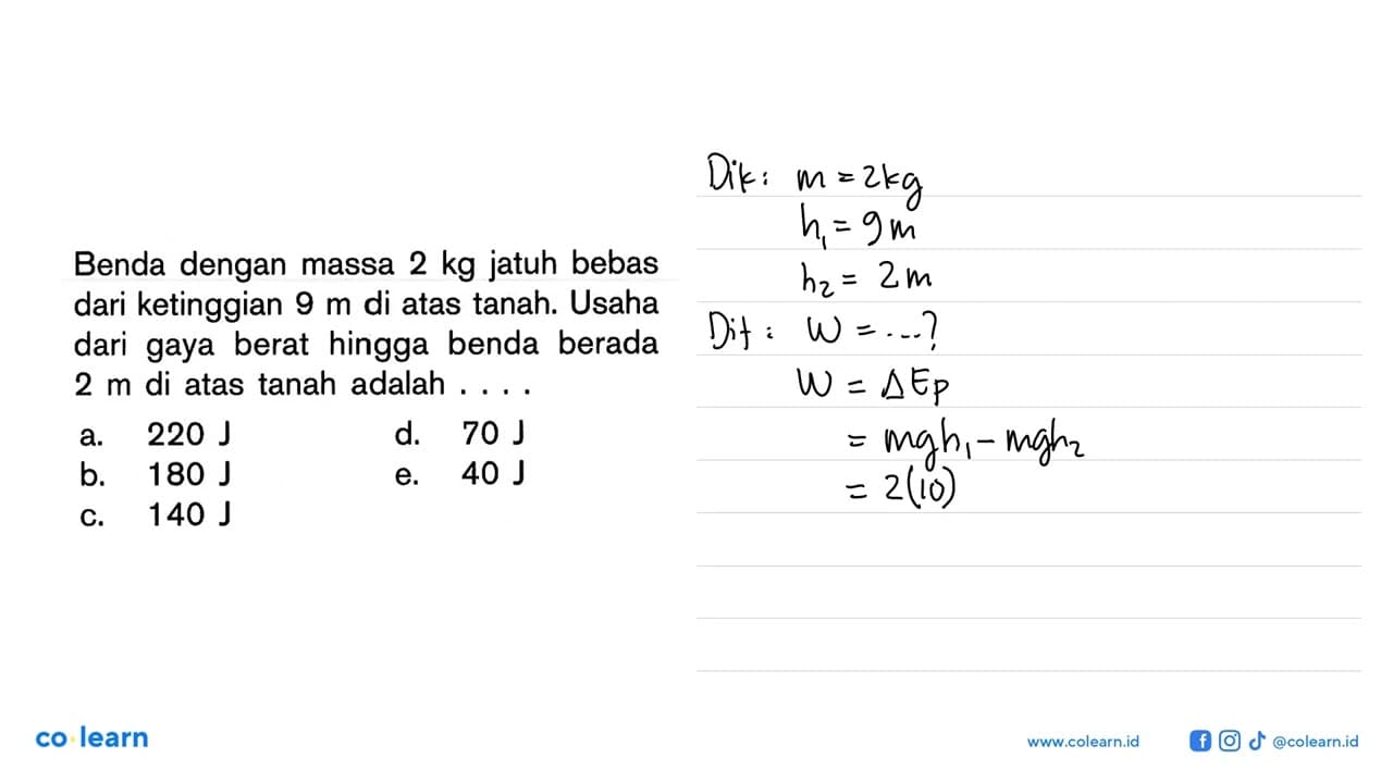 Benda dengan massa 2 kg jatuh bebas dari ketinggian 9 m di