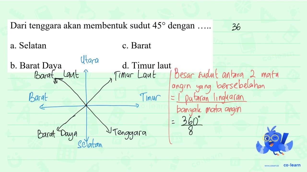 Dari tenggara akan membentuk sudut 45 dengan ....